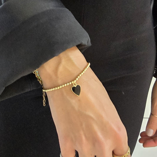 14kt gold filled jewelry, gold filled bracelet, beaded bracelet, tarnish free jewelry, tarnish free bracelet, stackable bracelet, stretch bracelet, heart pendant, heart bracelet