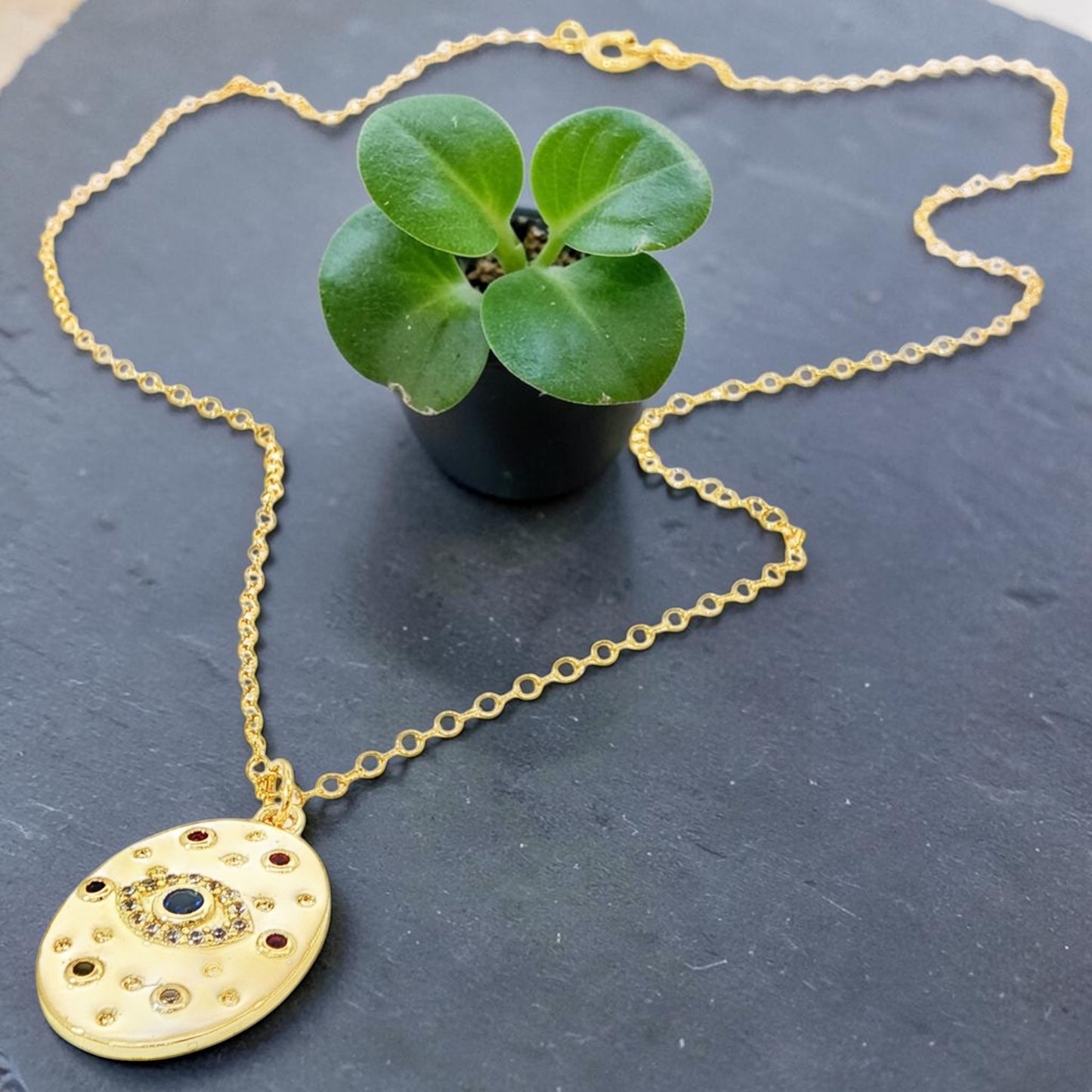 Oval Evil Eye Enamel Pendant Necklace