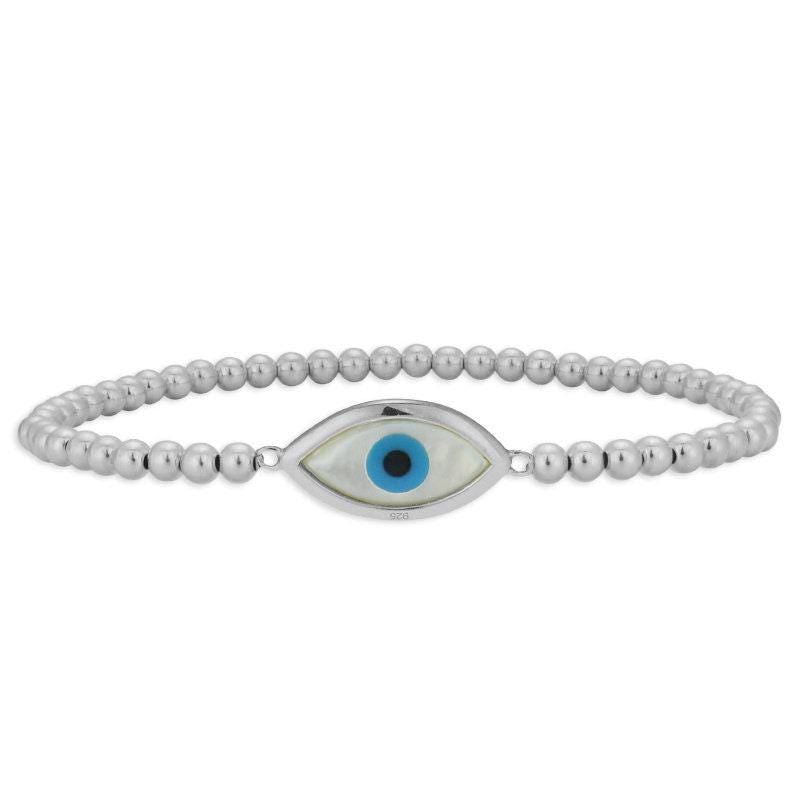 Gold Filled Evil Eye Mother of Pearl Pendant Bracelet - Good Luck Spiritual Stylish Stacking Stretch Womens Accessory