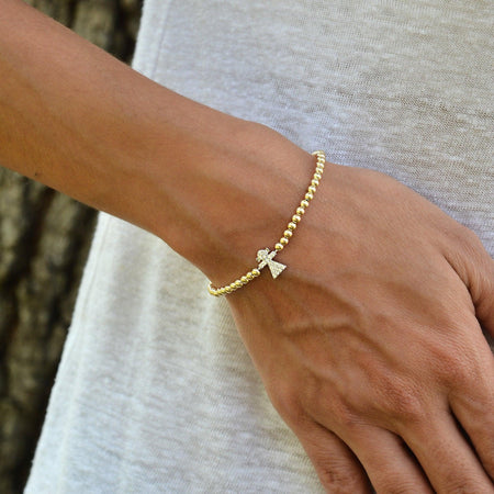 Dainty Gold Filled Cross Pendant Beaded Bracelet - Religious Women's Layering Jewelry