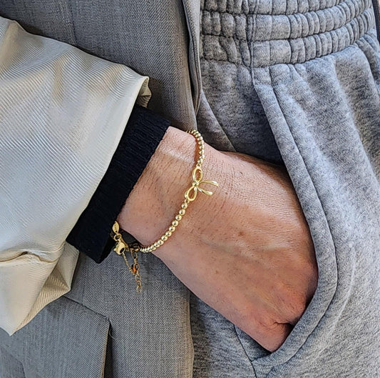 Gold Filled Bow Charm Stretch Bracelet with Cubic Zirconia Stones for Women - Stackable Beaded Design