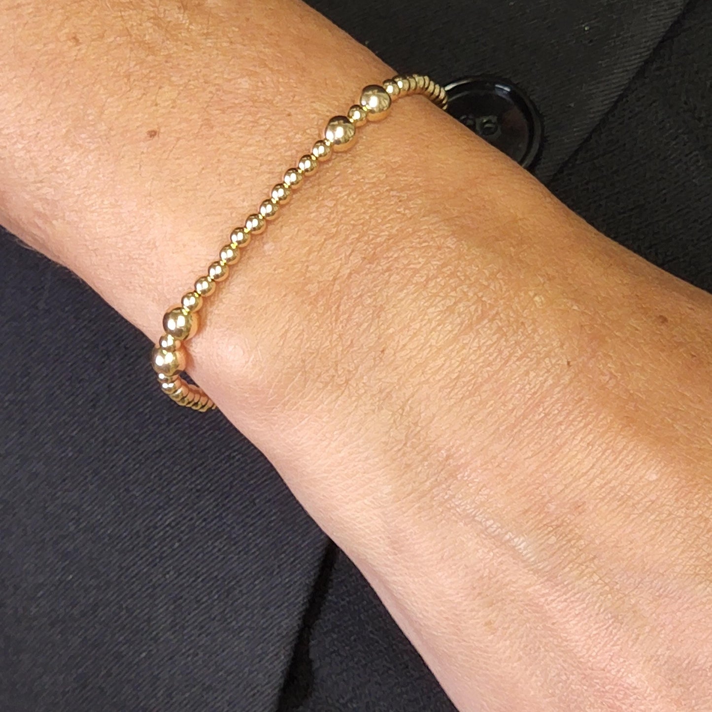 14kt Gold Filled Stacking Beaded Bracelet - 3 mm and 5 mm Station Beaded Ladies Waterproof and Tarnish-Free Stretch Bracelet