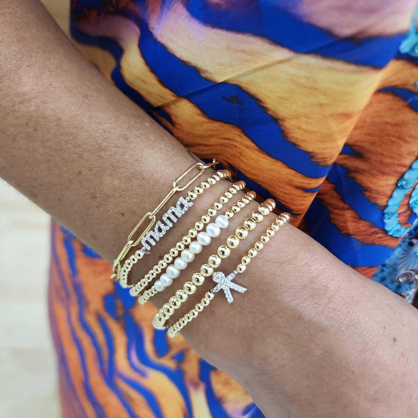 Delicate Gold Filled Beaded Mama Pendant Bracelet with Cubic Zirconia Stretch Band - Stacking Jewelry for All Occasions