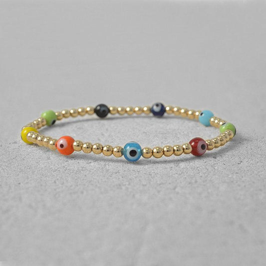 Gold Filled Evil Eye Bracelet for Women - Stackable Good Luck Stretch Beaded Jewelry - Tarnish Free