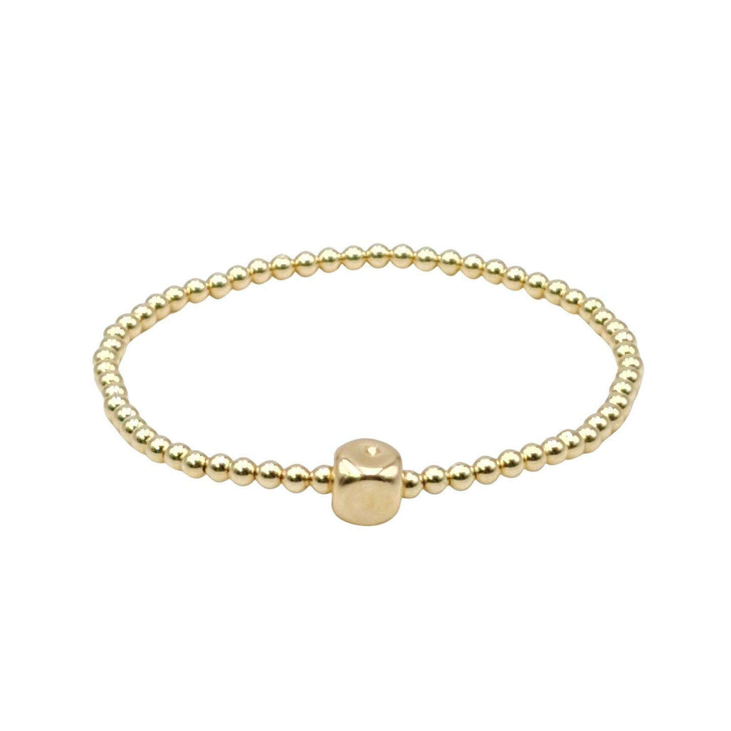 Gold Filled Beaded Bracelet - Stretch Cube Pendant for Women Tarnish-Free and Waterproof Jewelry