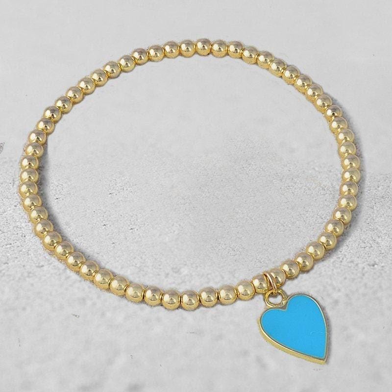 Stretch Beaded Bracelet - Heart Charm Sterling Silver Gold Filled with Enamel Finish Stackable Bracelet