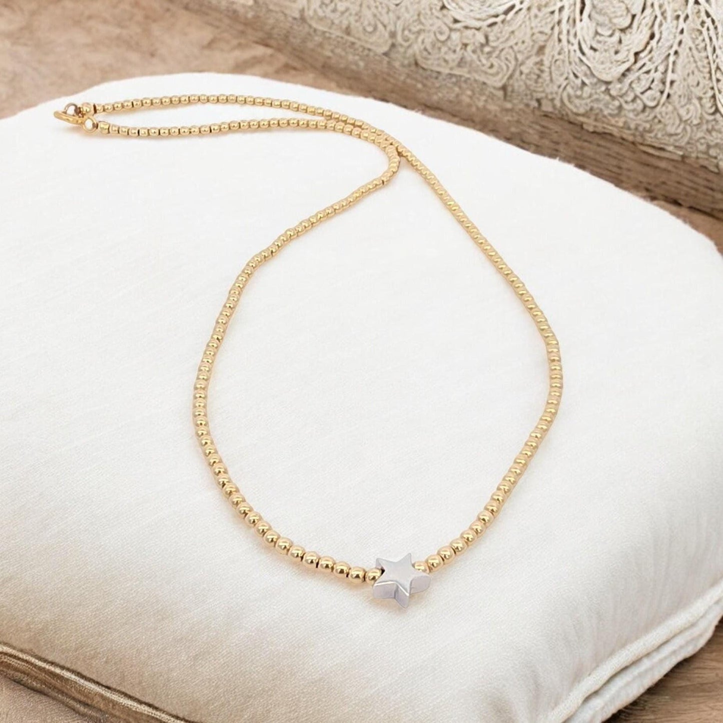 14kt gold filled jewelry, gold filled necklace, beaded necklace, tarnish free jewelry, tarnish free necklace, stackable necklace, star gold filled necklace