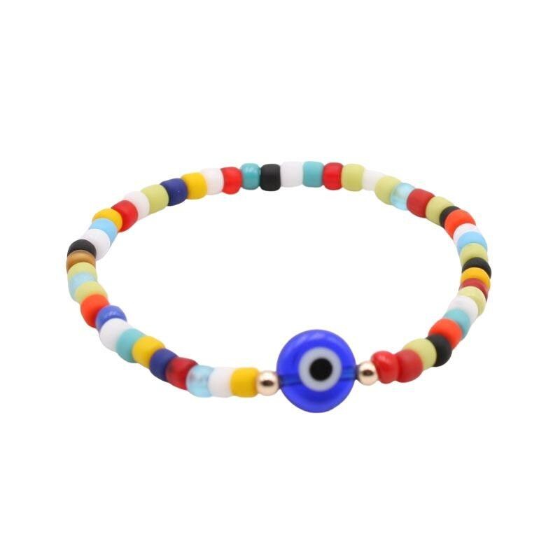 Good Luck Evil Eye Bracelet Multicolor Seed Beads Gold Filled  Stretch Bracelet - Tarnish Free - Waterproof
