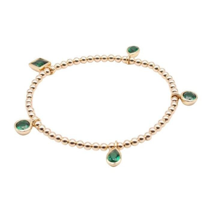 Gold Filled Beaded Charm Bracelet for Women - Cubic Zirconia Tear Drop Round and Square Charms