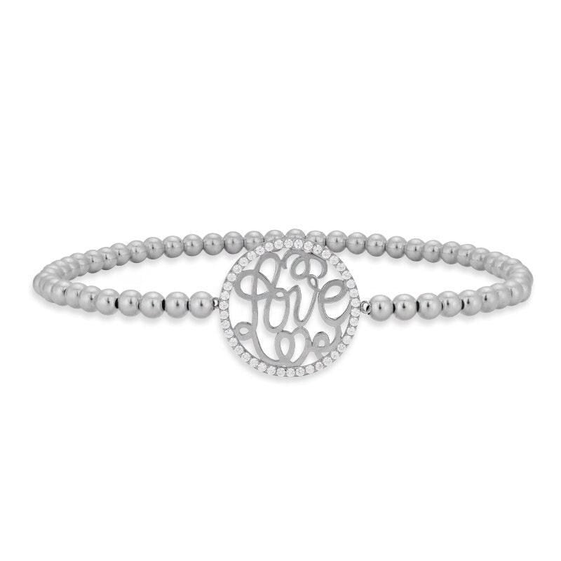 Gold Filled Cursive Love Pendant Cubic Zirconia Bracelet - Stretch Fit Stackable for Her