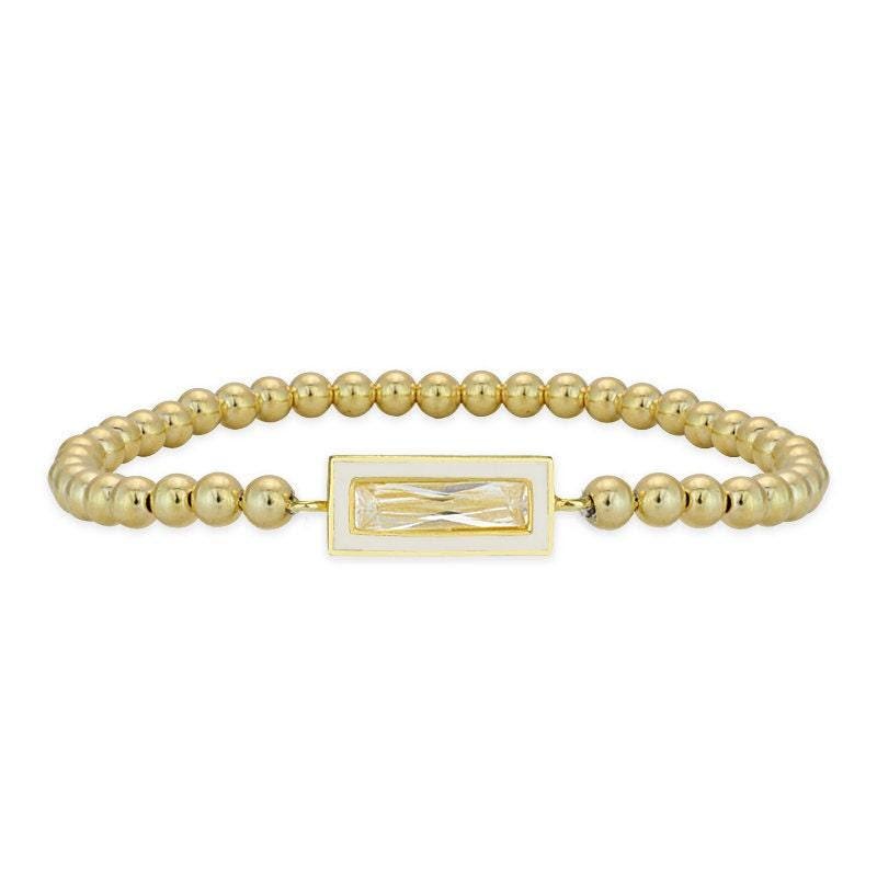 14kt Gold Filled CZ Pendant Bracelet - Beaded Stretch Stackable - Rectangular Design with Enamel