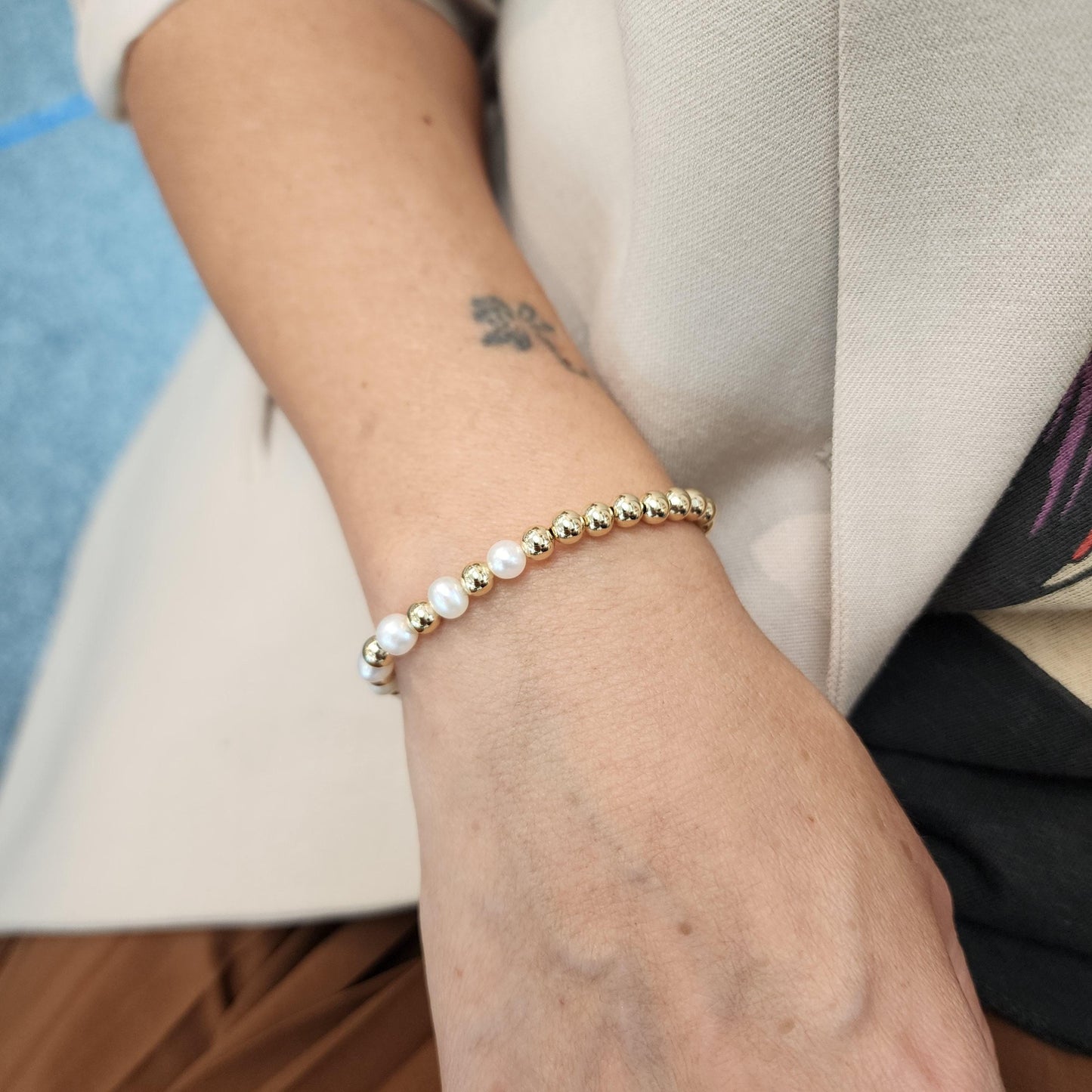 14KT Gold Filled Beaded Bracelet - Stretch Fresh Water Pearl Layering Design - Tarnish Free Jewelry