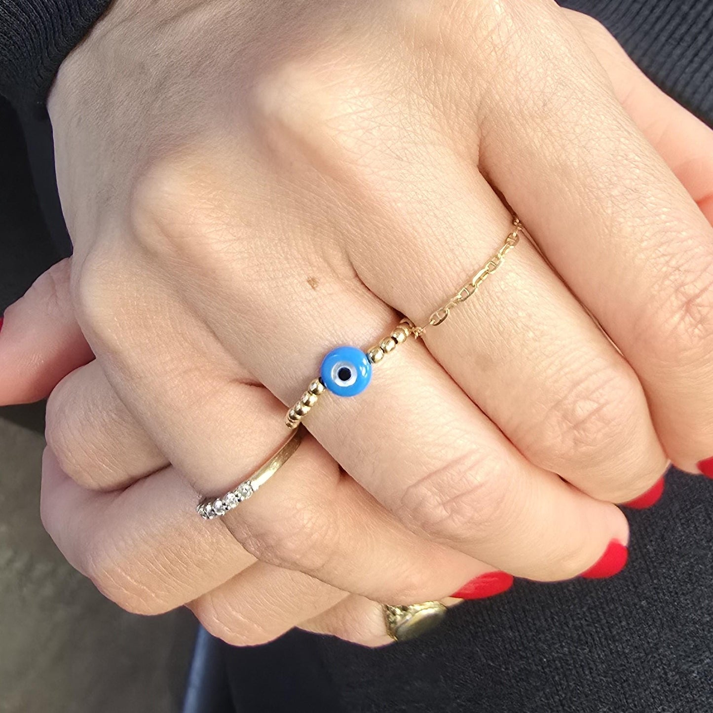 Good Luck Protection Gold Filled Stretch Ring - Tarnish Free - 3mm - Evil Eye Design