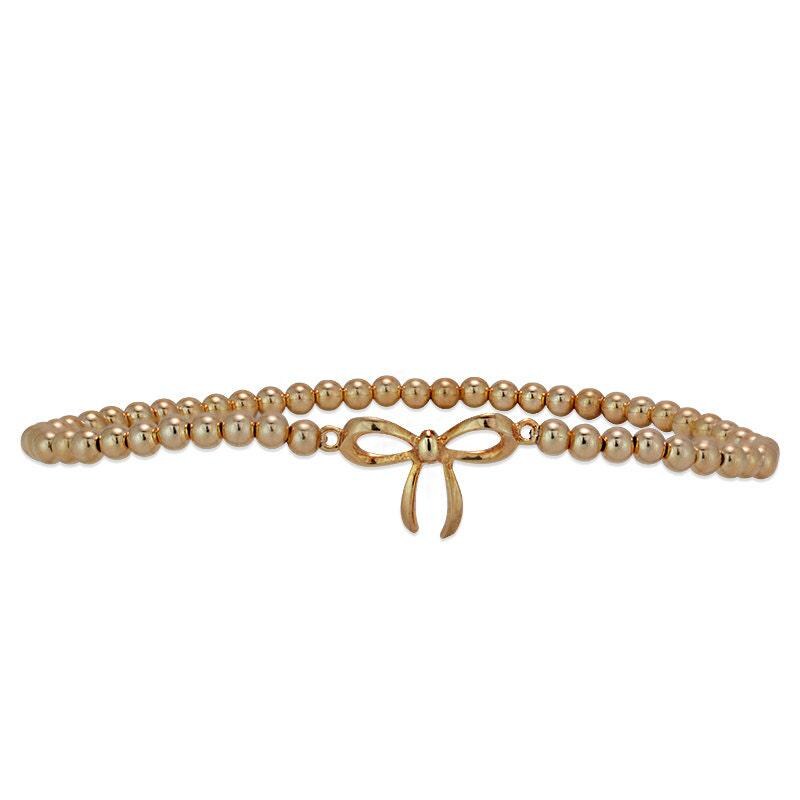 Gold Filled Bow Charm Stretch Bracelet with Cubic Zirconia Stones for Women - Stackable Beaded Design
