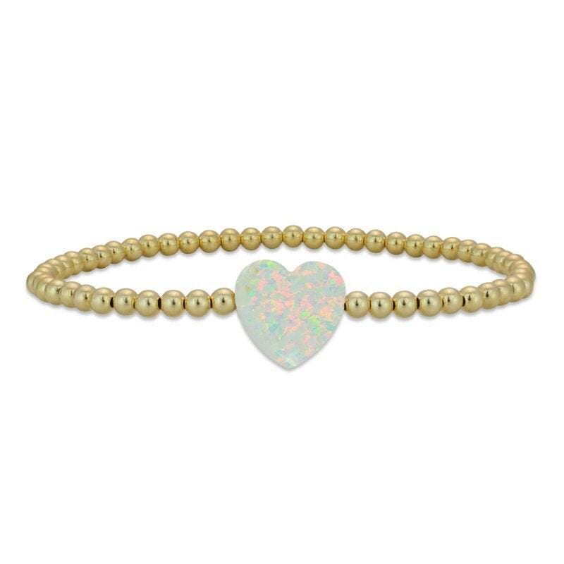 Opal Heart Pendant Stretch Bracelet - Gold Filled Beads - Stackable Adjustable - Womens Jewelry