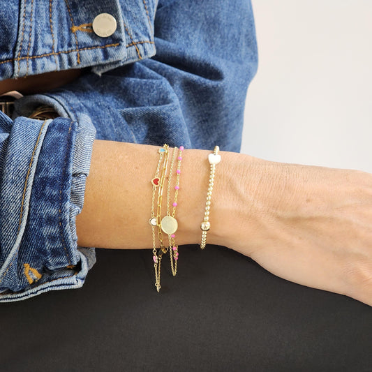 14kt Gold Filled Stretch Mother of Pearl Heart Bracelet - Tarnish Free Layering Bracelet for Ladies