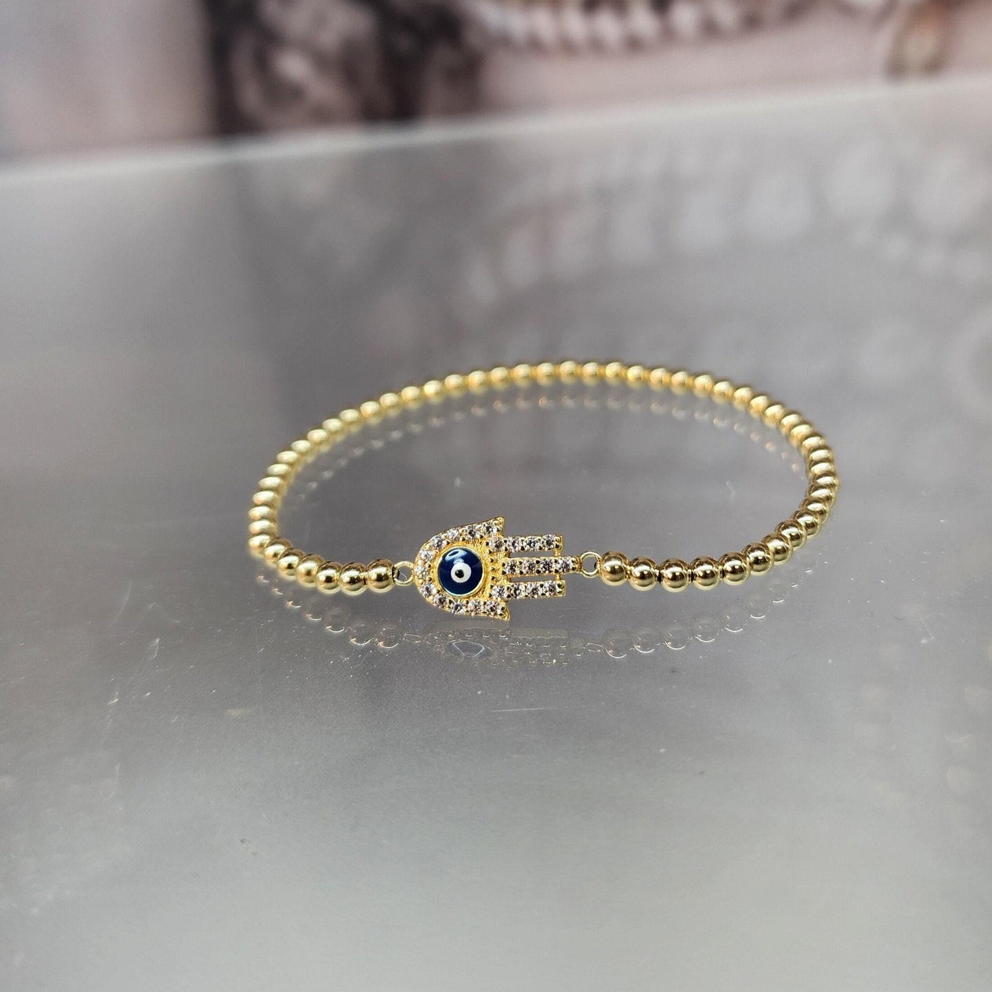 Good Luck Evil Eye Protection Bracelet - Spiritual Hamsa Gold Filled Hand Beaded - Stackable Hand Pendant Bracelet
