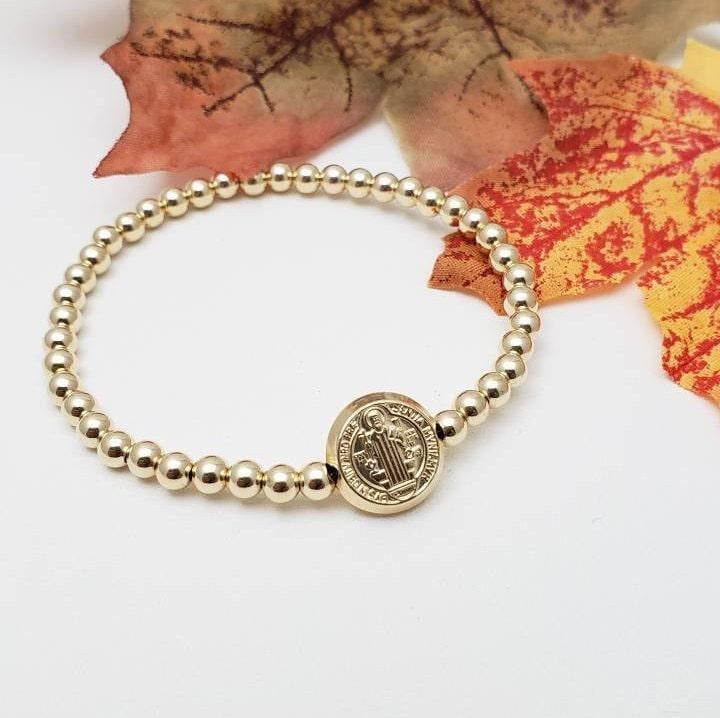 Elegant St Benedict Gold Filled Bracelet - Religious Charm Stretch Wrist Bracelet by Isabella Celini