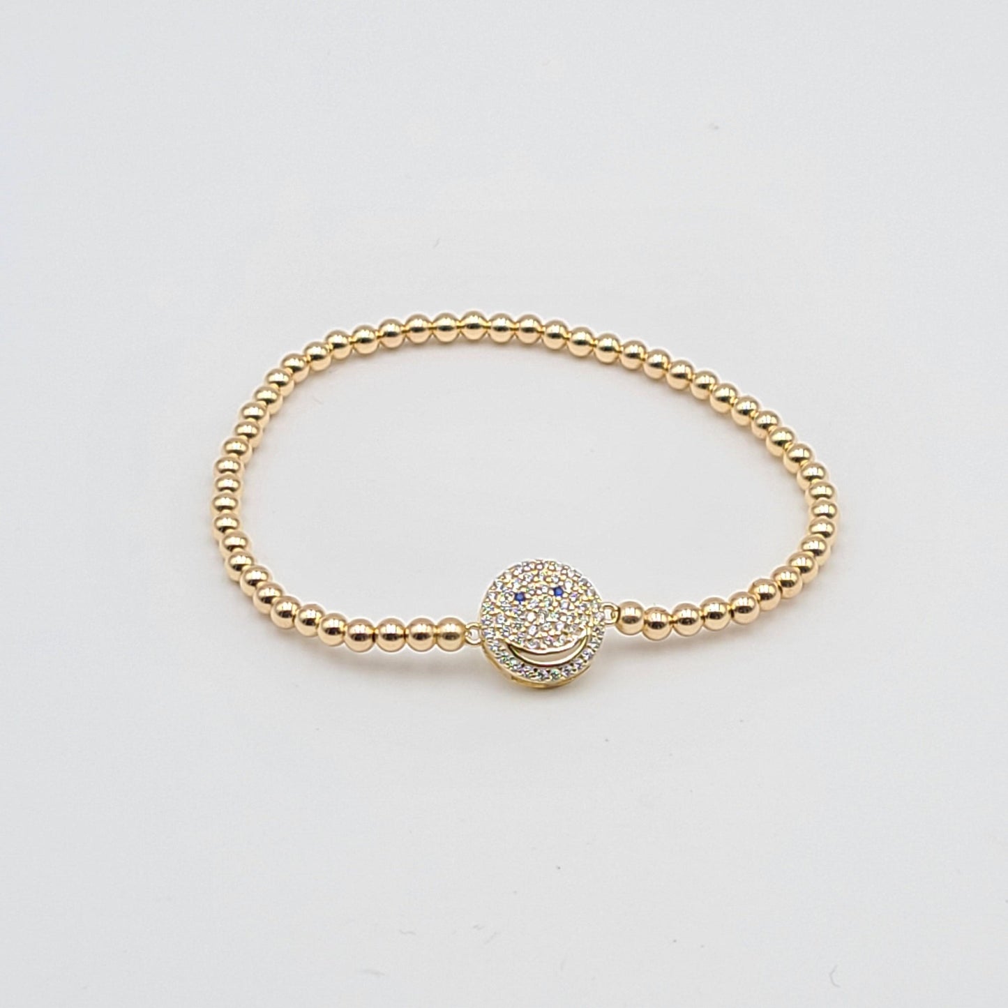 Gold Filled CZ Smiley Face Beaded Stacking Bracelet for Women - Stretch Stacking Bracelet
