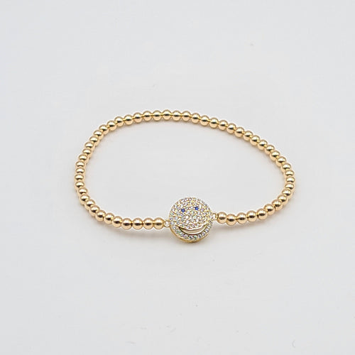 Gold Filled CZ Smiley Face Beaded Stacking Bracelet for Women - Stretch Stacking Bracelet