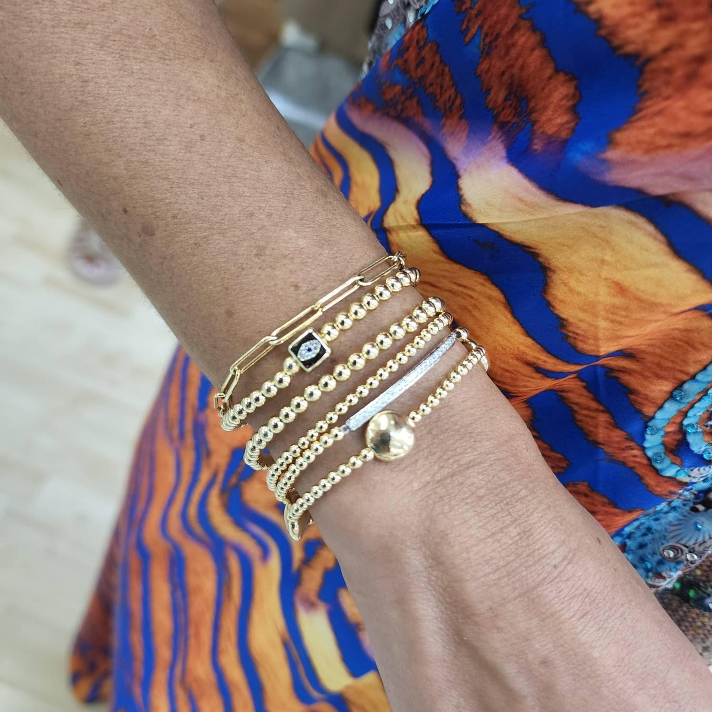 Gold Filled Evil Eye Beaded Stretch Stackable Bracelet - Good Luck Boho Chic Tarnish-Free Jewelry for Women
