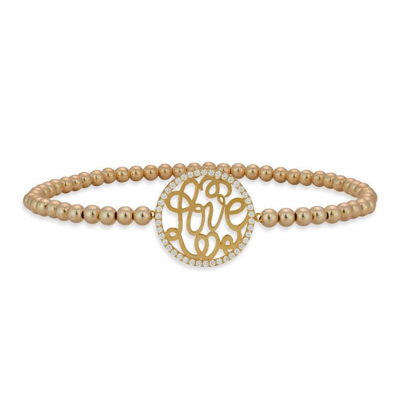 Gold Filled Cursive Love Pendant Cubic Zirconia Bracelet - Stretch Fit Stackable for Her