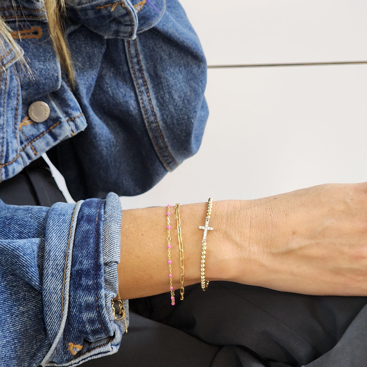 14kt Gold Filled Dainty Beaded Cross Pendant Bracelet for Women - Gift for Christian - Handmade Jewelry