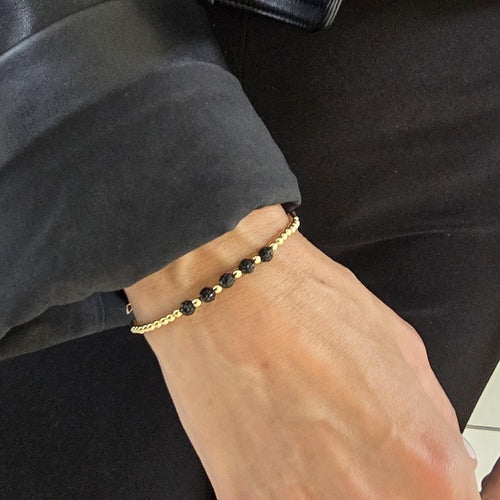 Gold Filled Beaded Bracelet with Bohemian Style and Cubic Zirconia Pave Ball - Stretch Design