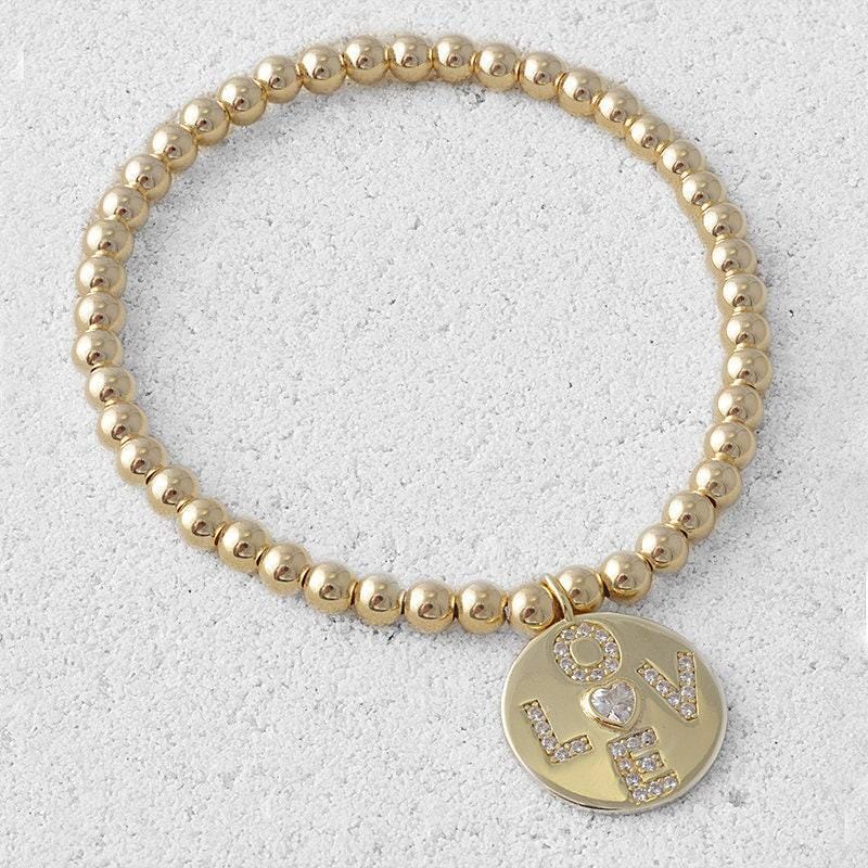 Gold Filled Love Charm Bracelet - Delicate Stretch Fit for Women - Stackable and Stylish