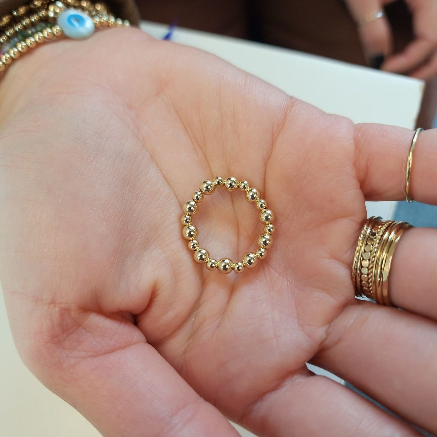 Gold Filled Stacking Ring - Delicate Tarnish-Free 3mm  4mm Beaded Alternating Pattern Stretch Fit Ring