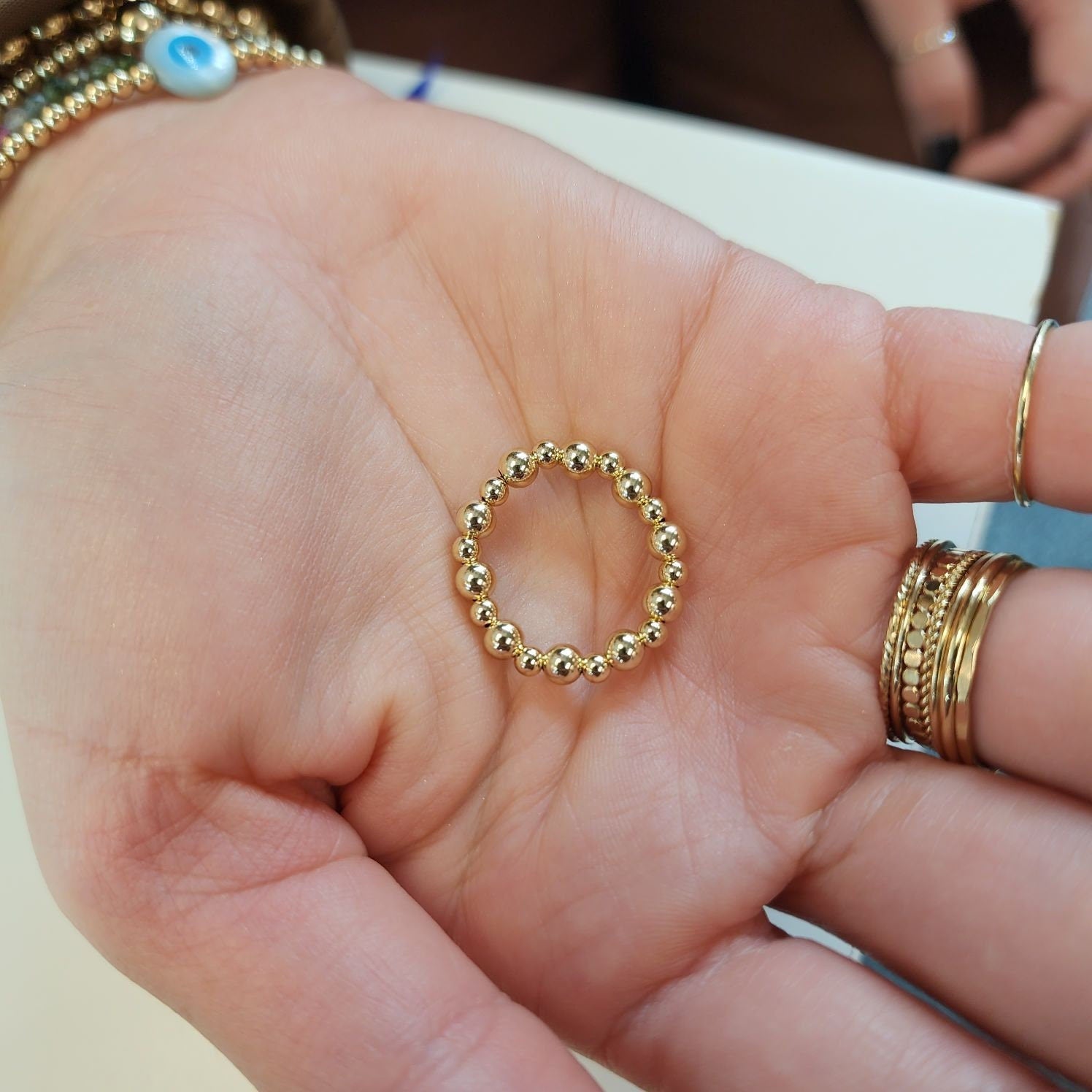 Gold Filled Stacking Ring - Delicate Tarnish-Free 3mm  4mm Beaded Alternating Pattern Stretch Fit Ring