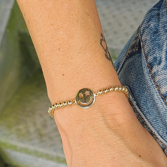 Silver Bracelet, Beaded Bracelet, Smiley Face Charm,