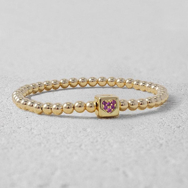 Gold Filled Love Bracelet - Cube Heart Pendant Bead Stretch Bracelet by Isabella Celini