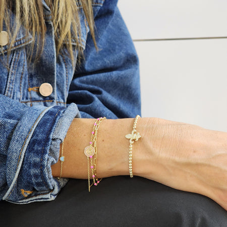 Dainty Gold Filled Cross Pendant Beaded Bracelet - Religious Women's Layering Jewelry