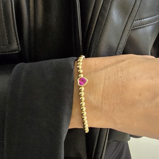 14kt gold filled jewelry, gold filled bracelet, beaded bracelet, tarnish free jewelry, tarnish free bracelet, stackable bracelet, stretch bracelet, heart bracelet, heart pendant