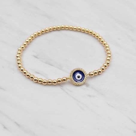 Gold Filled Beaded Round Evil Eye Bracelet, Isabella Celini, Gold Filled Beads, Stretch Stacking Bracelet, Boho Chic, Gift for Women