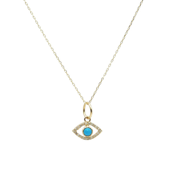 Evil Eye Necklace 14k Solid Gold Turquoise Diamond & Cable Chain