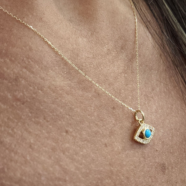 Evil Eye Necklace 14k Solid Gold Turquoise Diamond & Cable Chain