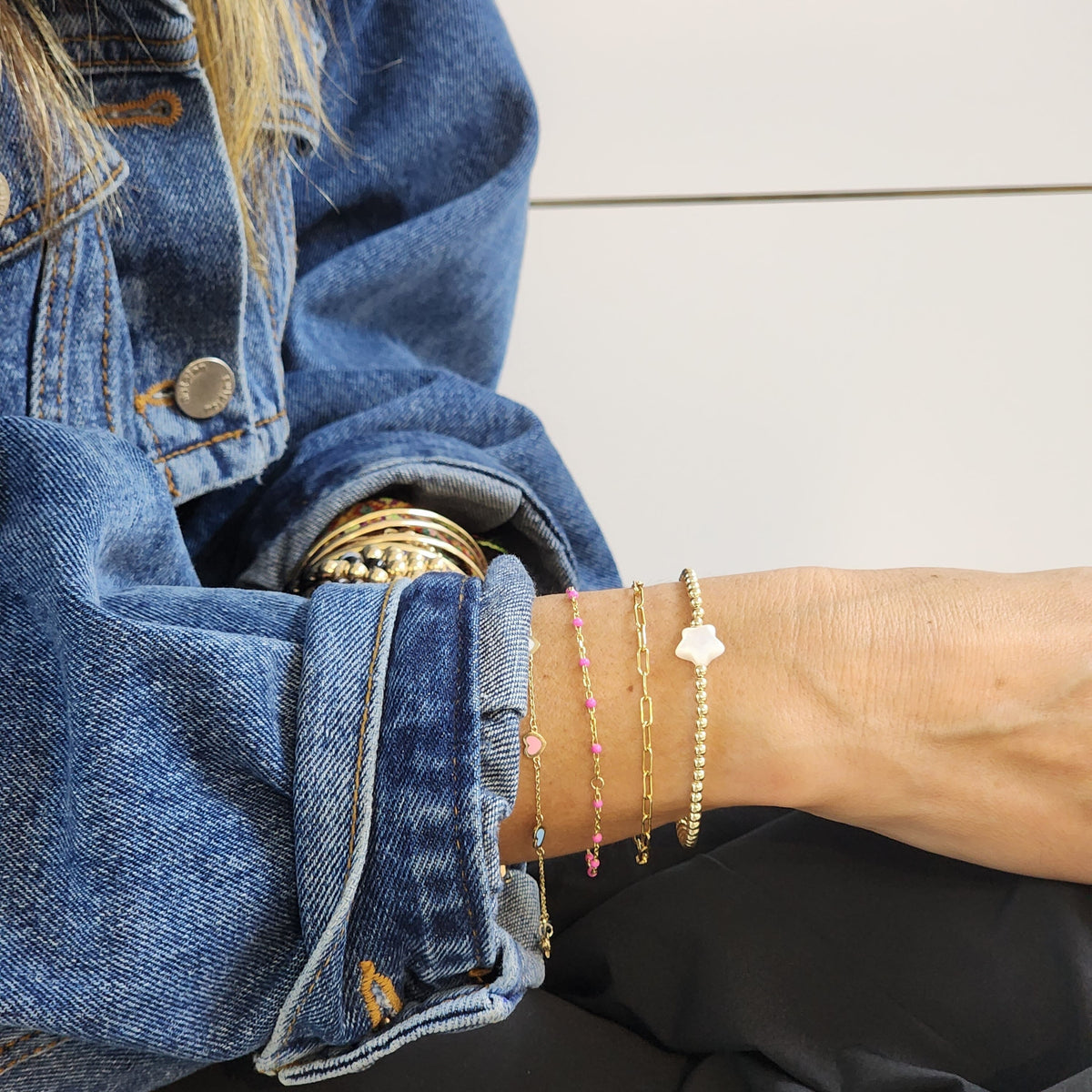 Mother of Pearl Star Gold Filled Beaded, Isabella Celini, Stretch Stacking Bracelet, Gift For Her, Dainty Heart Bracelet