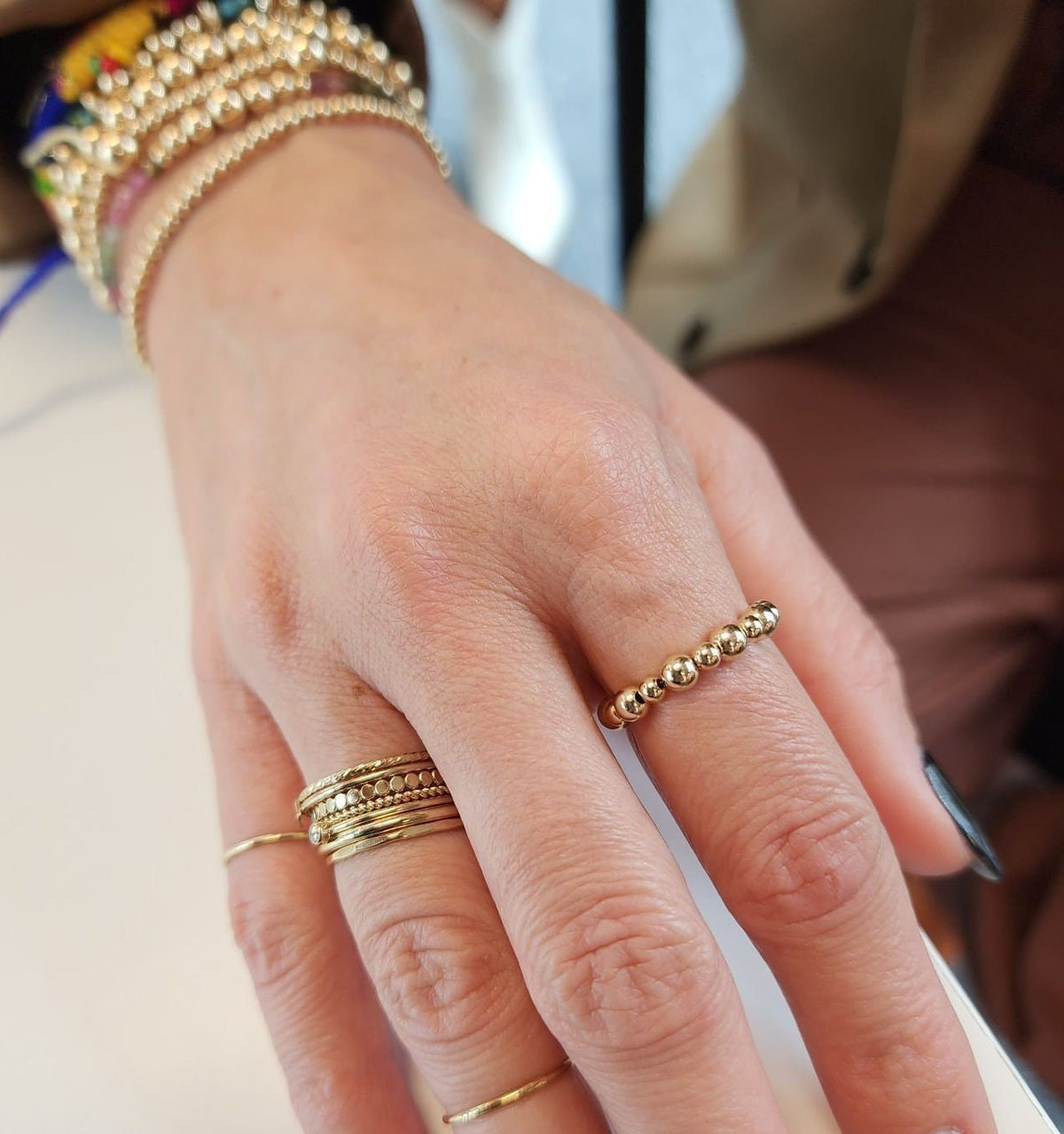 Gold Filled Stacking Ring - Delicate Tarnish-Free 3mm 4mm Beaded Alternating Pattern Stretch Fit Ring