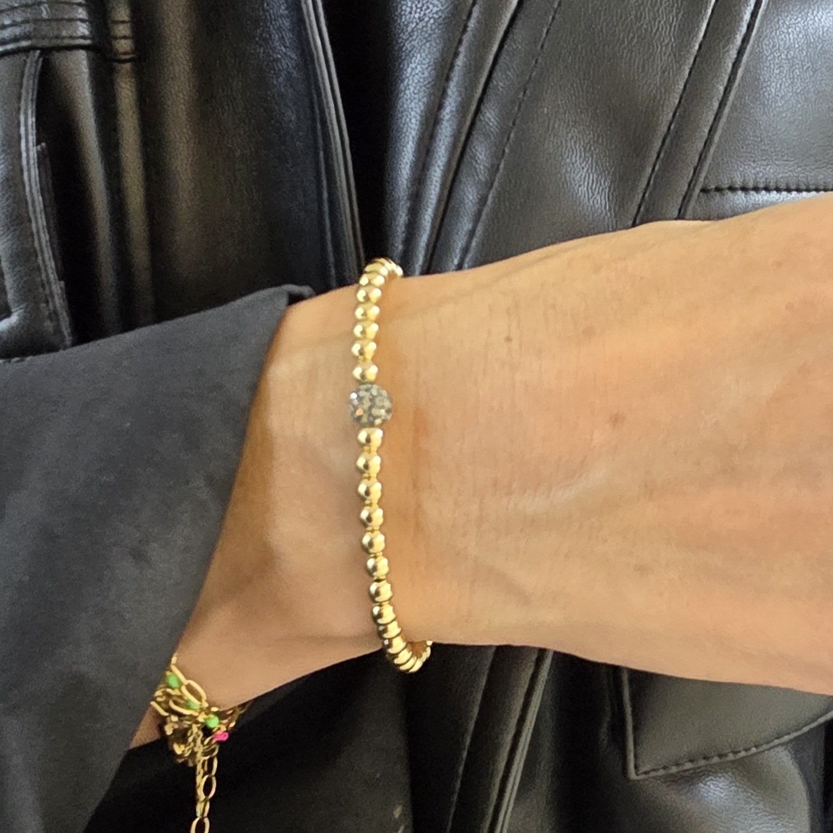 Gold Filled Bracelet – Cubic Zirconia Pave Ball, Stretchy Boho Chic