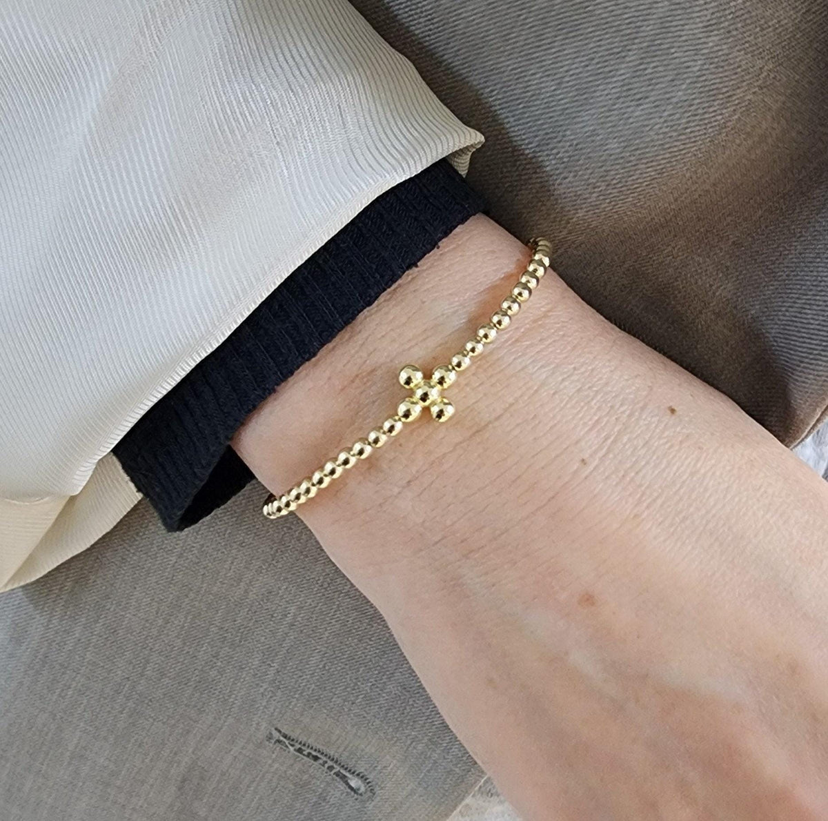 Delicate Gold Filled Stacking Bracelet - Stretch Beaded Shiny Cross Pendant for Women