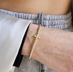 Delicate Gold Filled Stacking Bracelet - Stretch Beaded Shiny Cross Pendant for Women