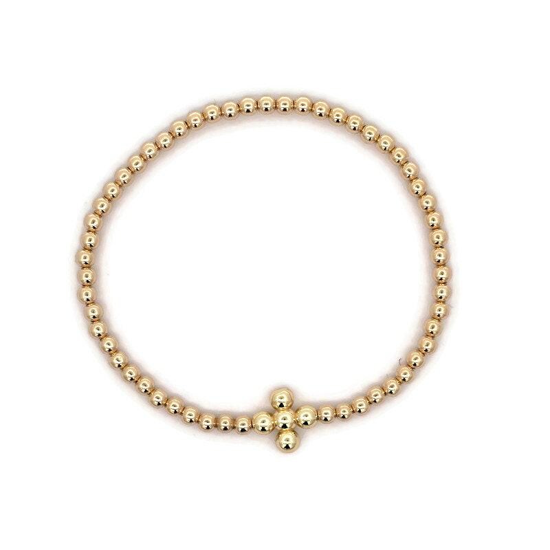 Delicate Gold Filled Stacking Bracelet - Stretch Beaded Shiny Cross Pendant for Women
