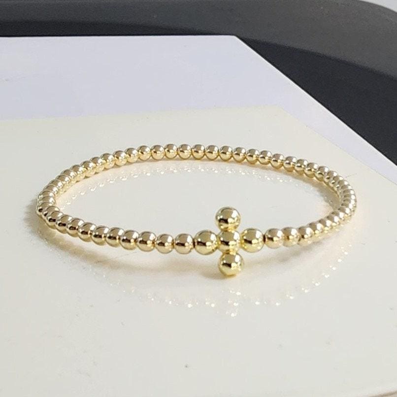 Delicate Gold Filled Stacking Bracelet - Stretch Beaded Shiny Cross Pendant for Women