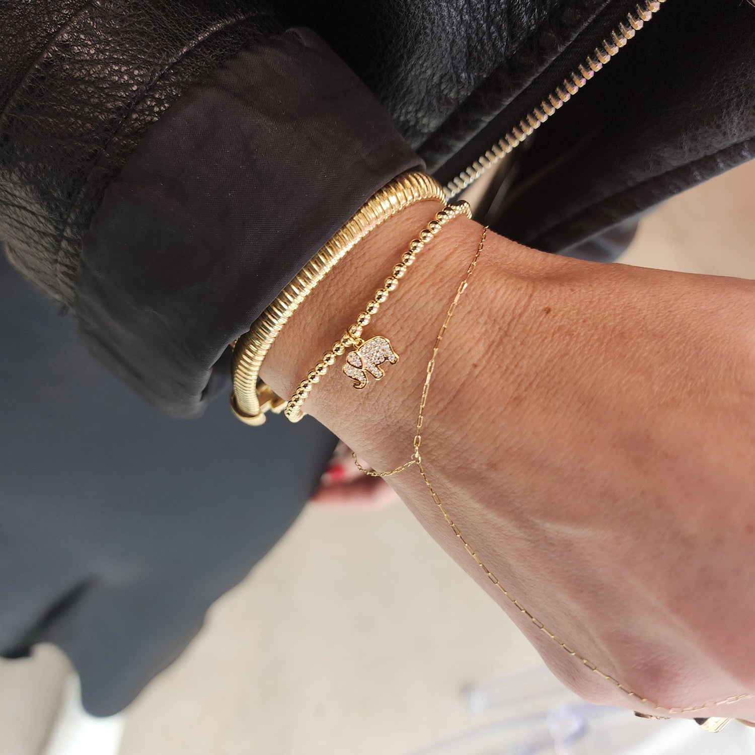 Adjustable Gold Filled Elephant Charm Bracelet - Stacking Stretch Gift for Women