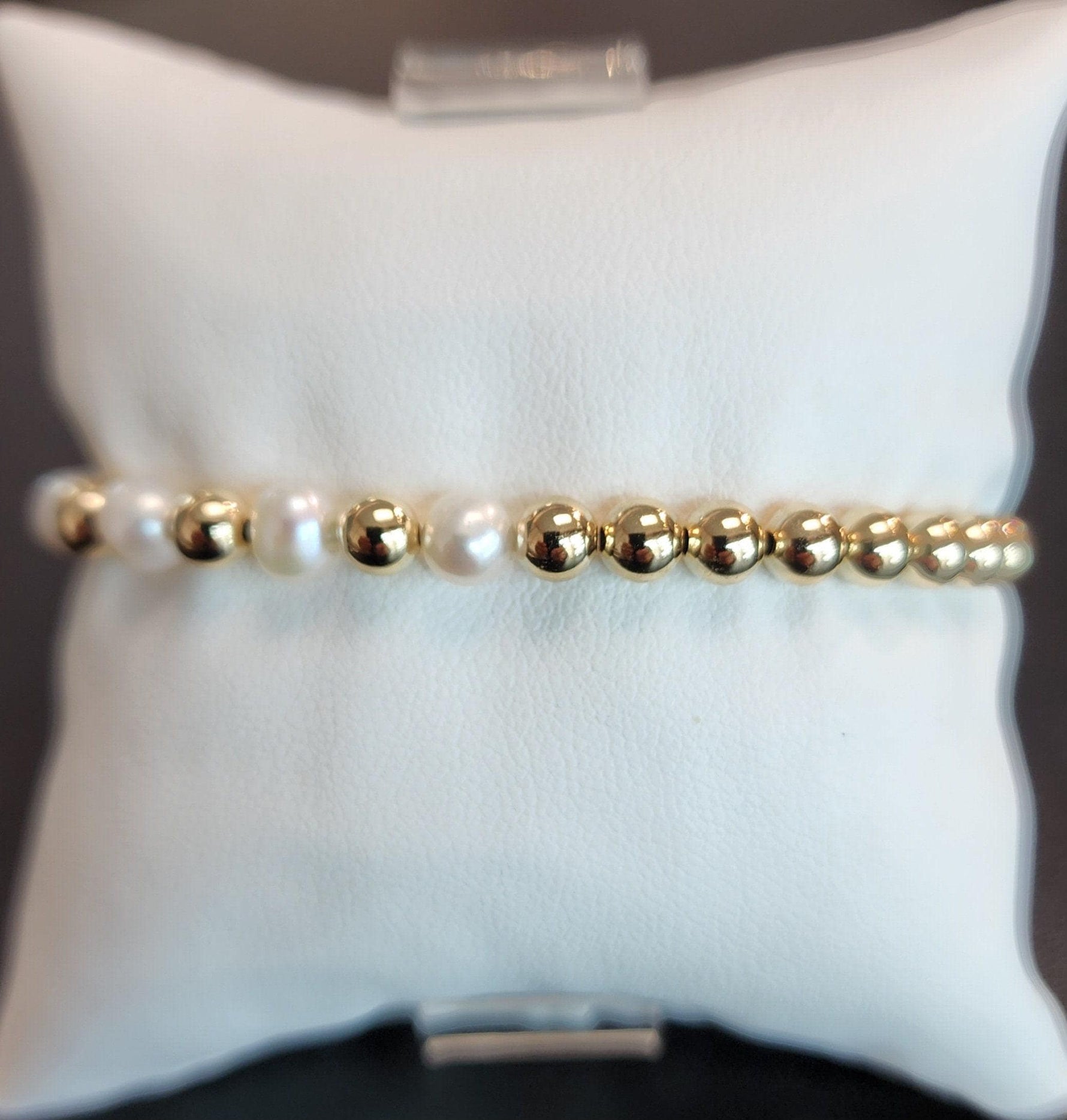 14KT Gold Filled Beaded Bracelet - Stretch Fresh Water Pearl Layering Design - Tarnish Free Jewelry