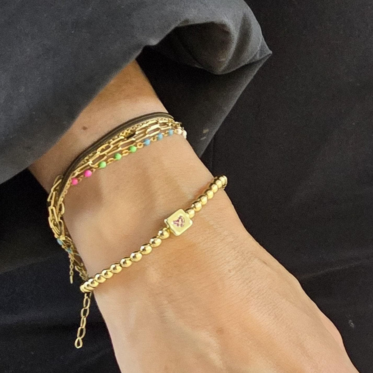 Love Bracelet: 14kt Gold Filled Beads and Heart Cube Pendant - Stretch Fit
