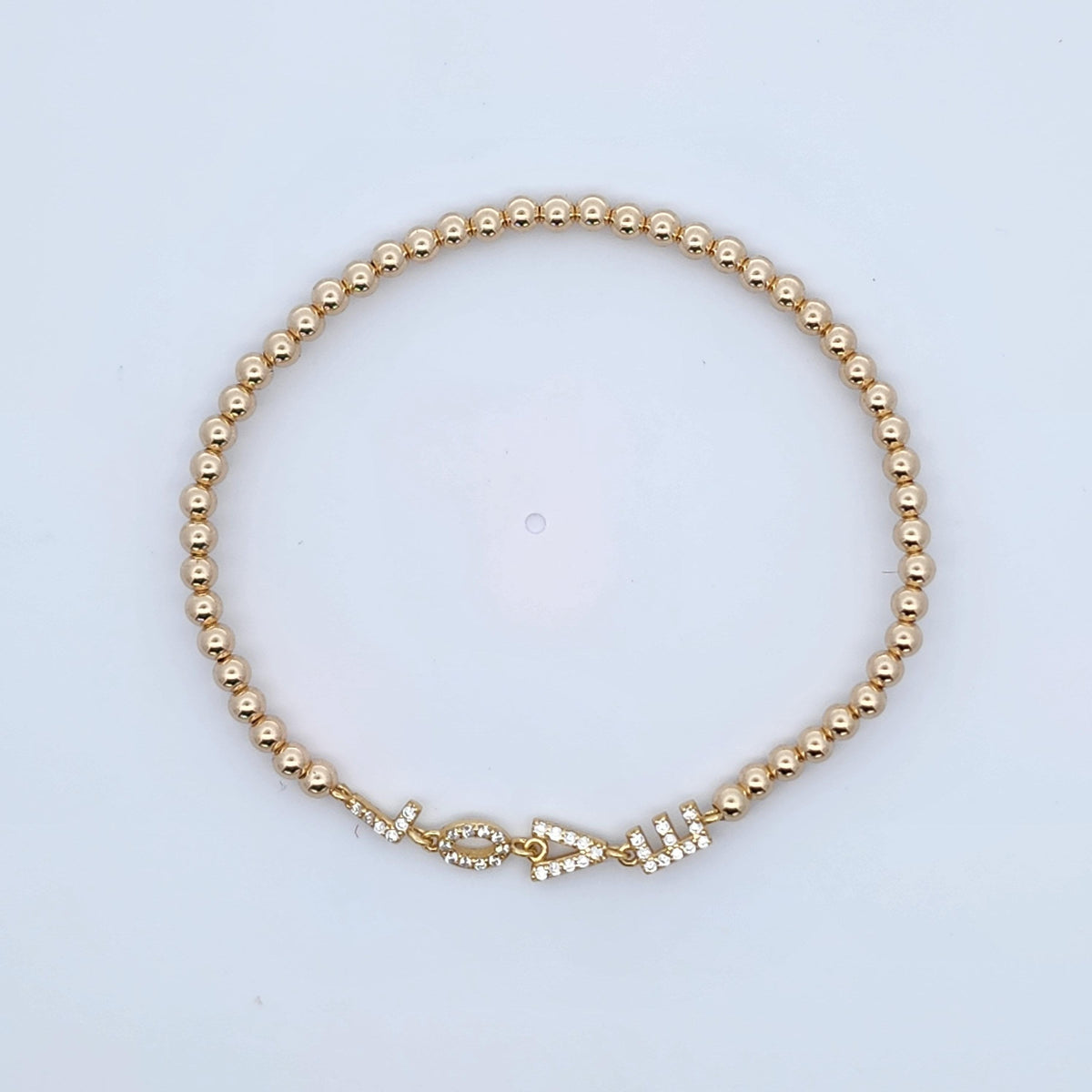 Stretch Gold Filled Love Bracelet with CZ Pendant - Dainty Womens Stacking Bracelet