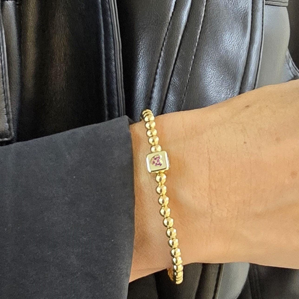 Love Bracelet: 14kt Gold Filled Beads and Heart Cube Pendant - Stretch Fit